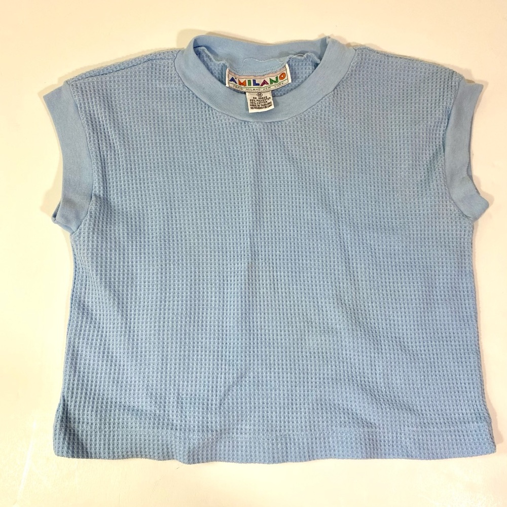 Boy’s Vintage 80’s A’Milano Blue Thermal Crop Top Medium Cropped Tee Shirt